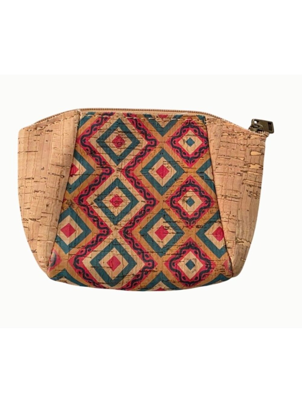 Cork Coin Purse Geometric Print Zip Pouch Vegan Leather Small Cosmetic Makeup Ba